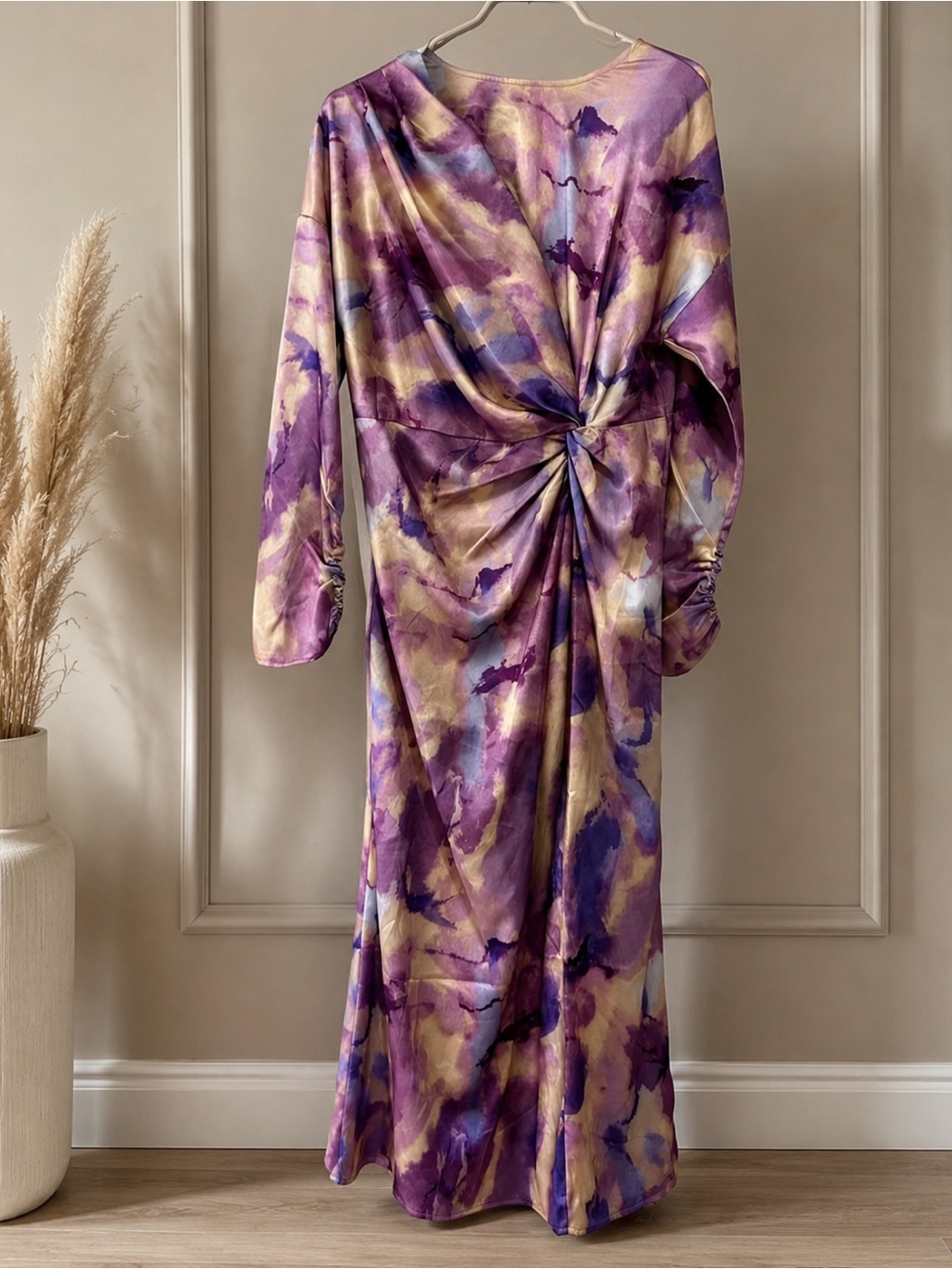 CIDER Plunge-Back Twist Waist Midi Dress in Purple Watercolor